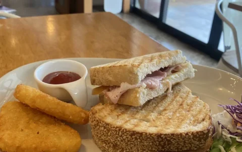 Sourdough in Chalong features in this ham, cheese and tomato toasted sandwich. Only at Poached Breakfast Cafe, Chalong, Phuket, Thailand