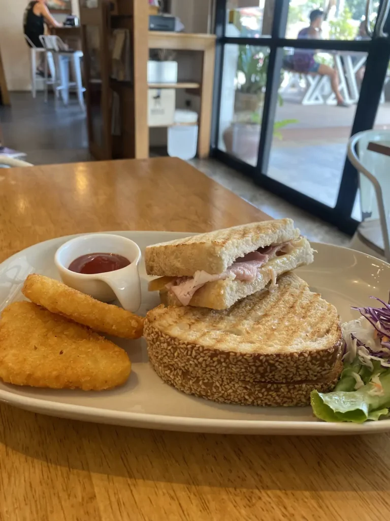 Sourdough in Chalong features in this ham, cheese and tomato toasted sandwich. Only at Poached Breakfast Cafe, Chalong, Phuket, Thailand